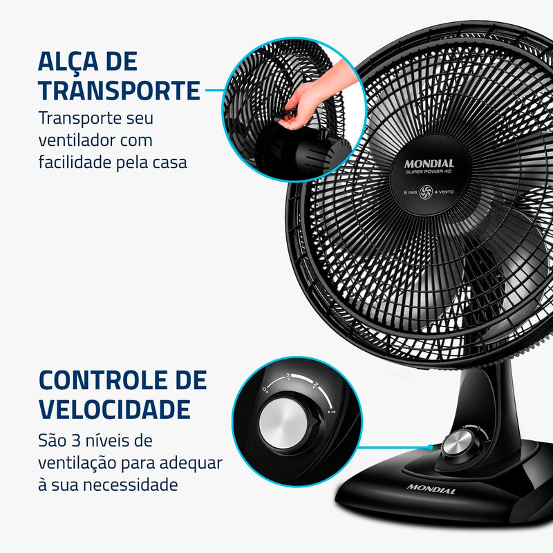 Ventilador de Mesa UltraSilencioso 40cm Super Power, Mondial, Preto/Prata, 140W, 110V e 220V